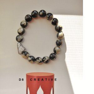 Fire agate stone with clamp crystal sterling silver lucky beans bracelet